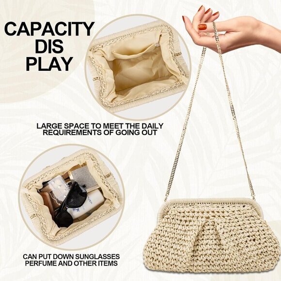 Straw Clutch Purse Women Woven Dumpling Bag Beach Crossbody Summer Stylish - Picture 4 of 8